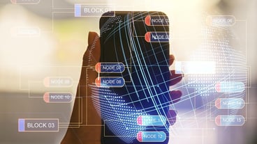 Double exposure of abstract programming language hologram with world map and hand with cell phone on background research and development concept