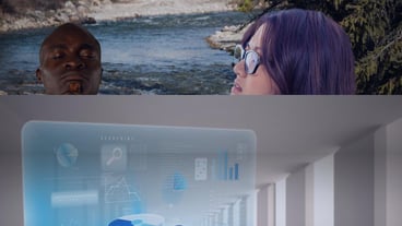 Digital interface with data processing against businessman and businessman meditating in nature