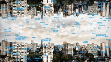 Connection dots over black background against city against blue sky