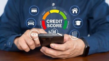Credit score concept Person use smartphone with virtual credit score icon for chart with credit