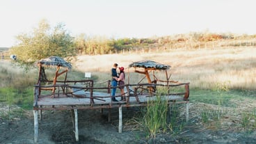 Beautiful couple clinking glasses with wine on a pontoon in a rural area, aerial drone shot
