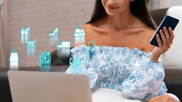 Customer wears blue dress control unit open eCommerce application Cybercash