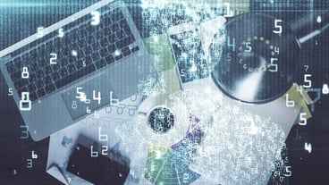 Multi-exposure data theme drawing hologram over topview desk background with computer concept of technology