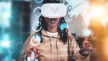 Virtual reality pointing or woman with global data for vr elearning globalization or future education innovation Knowledge metaverse chart overlay or black student study with ai augmented reality