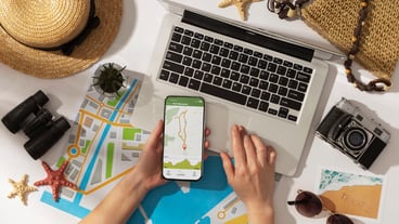 Top view hand holding smartphone