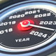 New year 2024 countdown Auto car gauge speedometer needle indicator approaching 2024 3d render