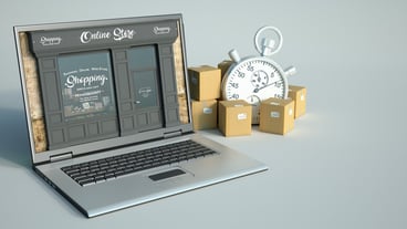 3D rendering of a computer with a traditional store on screen and a transportation background
