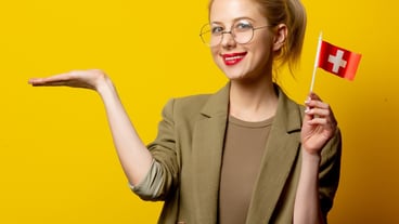 Style blonde woman in jacket with Swiss flag on yellow