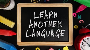 Wooden board with Learn Another Language text on a background of various colorful subjects