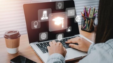 Online education training Person using a laptop with VR screen education icon background online webinar x9