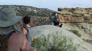 Rear view of friends standing on rock against sky