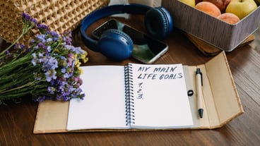 Life goals list of new year resolutions in open notebook on outdoor table still life with my life