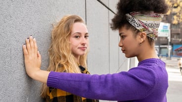 Two young attractive women embracing in love, lesbians, freedom