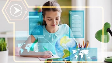 Girl with tablet pc learning geography at home