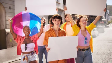 Poster mockup lgbt protest and people walking in city street for activism human rights and equality Freedom diversity support and lgbtq community crowd with billboard space for social movement