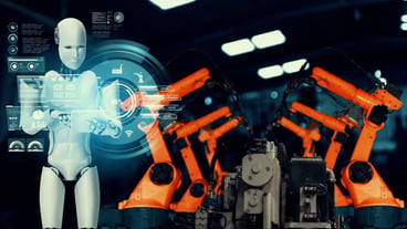 Mechanized industrial robot and robotic arms for factory production assembly.