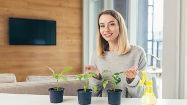 woman at home takes care of flower pots pours flowers sitting at the table