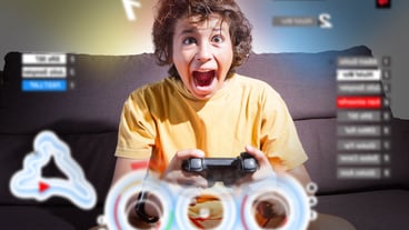 Selective focus of an excited boy with disheveled hair and expressive gestures