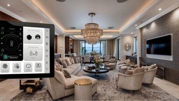 A luxurious smart living room featuring a state of the art home automation system