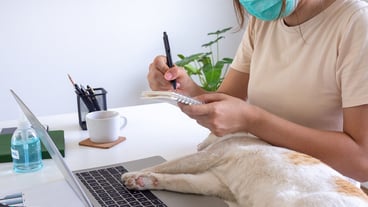 Women work in the house with their pets. concept of working from home and social distance