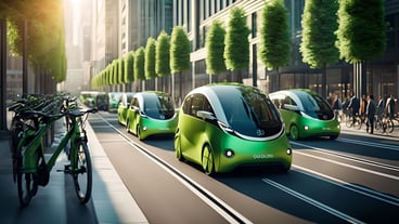 Cinematic photograph of A cityscape with electric cars bicycles and public transportation