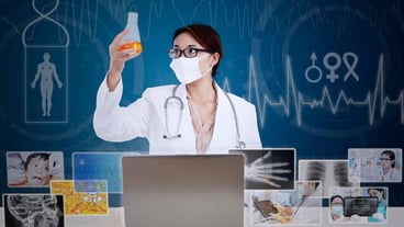 Beautiful scientist analyse solution with digital technology