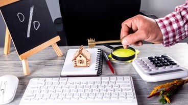 Business desktop with laptop tablet flat lay