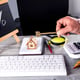 Business desktop with laptop tablet flat lay