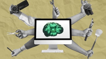 multitasking AI assistant multitasking AI brain computer art collage concept surrounded by hands