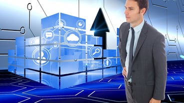 Serious businessman standing with hand on hip against arrow on technological background