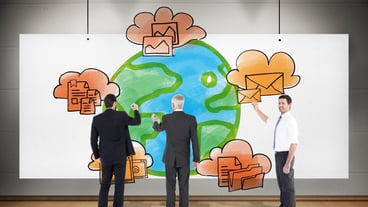 Business team writing against poster hung and exhibited like art