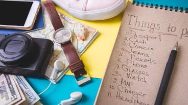 Background for a planning trip - watches, sneakers, map, dollars, glasses, camera, headphones, passport
