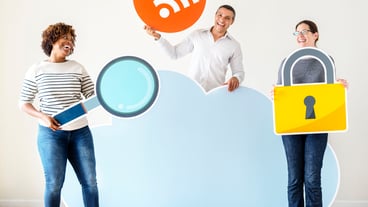 Happy people with cloud and technology icons