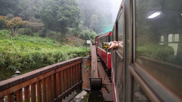 Red train run in foggy day at alishan mountain,taiwan.
