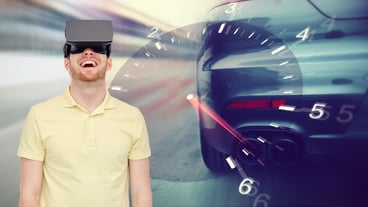 3D technology, virtual reality, entertainment and people concept - happy young man with virtual reality headset or 3D glasses playing car racing game over tachometer and street racing background