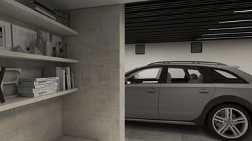 a silver car is parked in a room with a shelf full of books and a shelf with a shelf above it