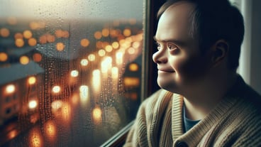 Person with down syndrome looking out the window on a rainy day with a happy facial expression