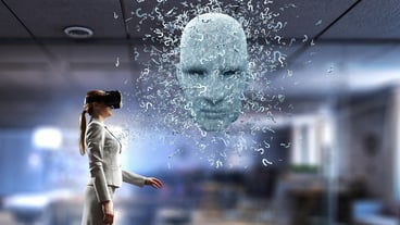 Silver digital head and a businesswoman in a virtual reality headset. Mixed media