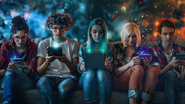 A group of people sit on a couch with a laptop and a christmas light in the background