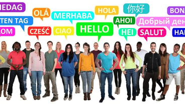 Hello multi ethnic group of smiling young people saying