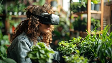Woman Experiencing Virtual Reality Gardening Among Green Plants