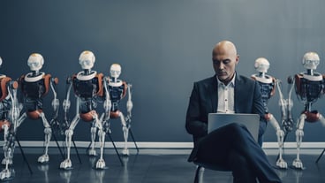 Portrait of a bald man in a suit sitting in front of a group of robots Generative AI