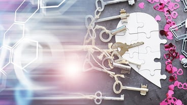 White heart-shaped puzzle. Heart affairs. Undivided love. Broken heart. The key to the heart. Closed heart on a lock. Concept of love.