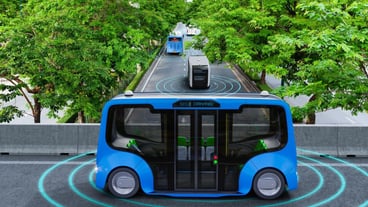 Autonomous electric shuttle bus self driving across city green road Smart vehicle concept