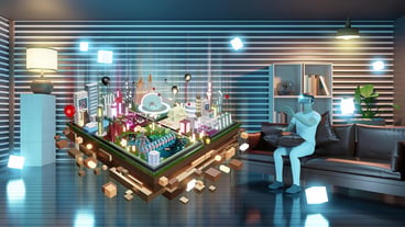 Metaverse and the sandbox land man avatar playing game through VR glasses in living room vr headset