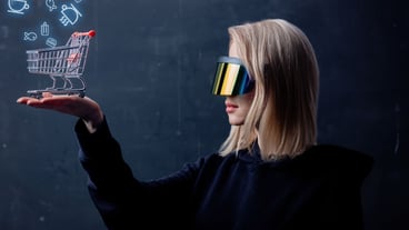 Style woman in concept VR glasses buying online