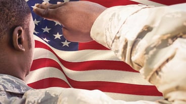 veterans day soldier in front of flag