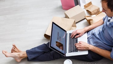 startup small business entrepreneur with laptop, a freelance man working a box, Young Asian business owner at home office, online marketing packaging box and delivery, technology SME delivery concept
