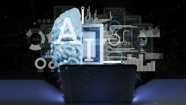 Hacker man holding artificial intelligence icon with half brain and half circuit 3d rendering