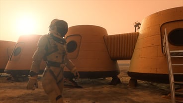 Astronaut on the planet Mars, making a detour around his base. Astronaut walking along the base.